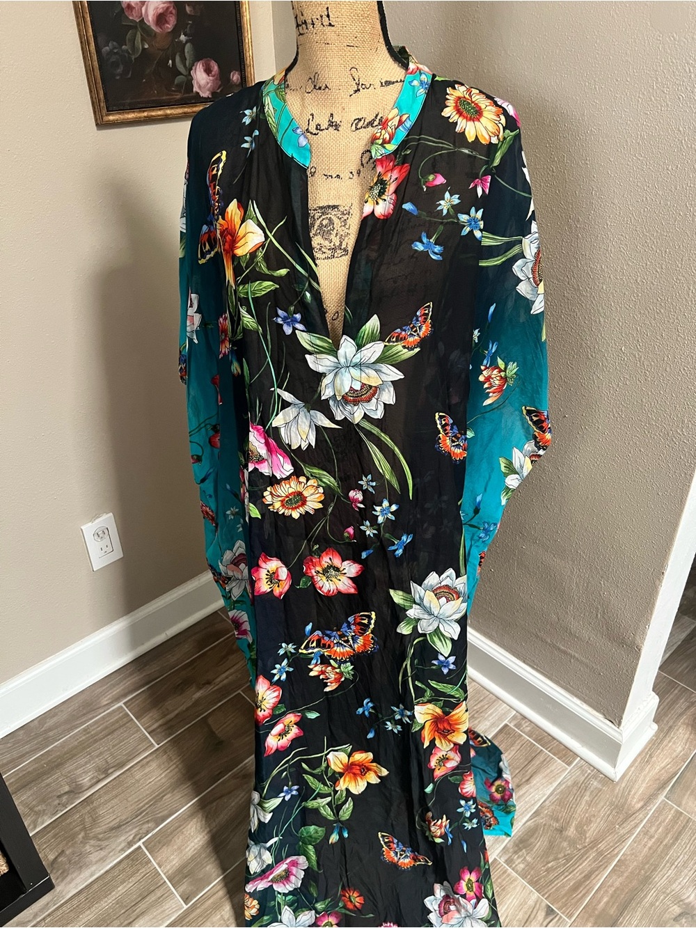 Johnny Was Teal & Black Floral Kaftan